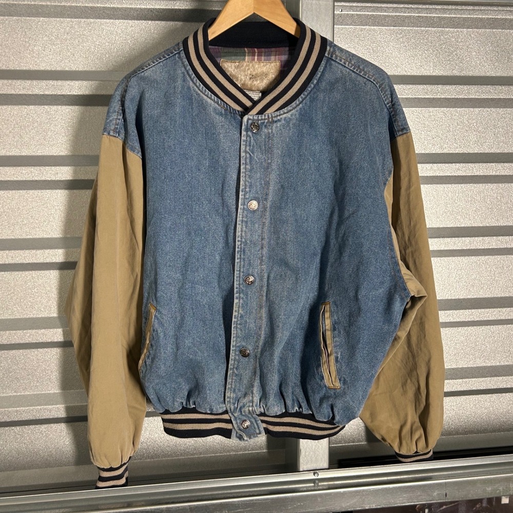 VINTAGE Denim Varsity Jacket Mens Blue Tan Bomber Plaid Lined Streetwear 90s XL